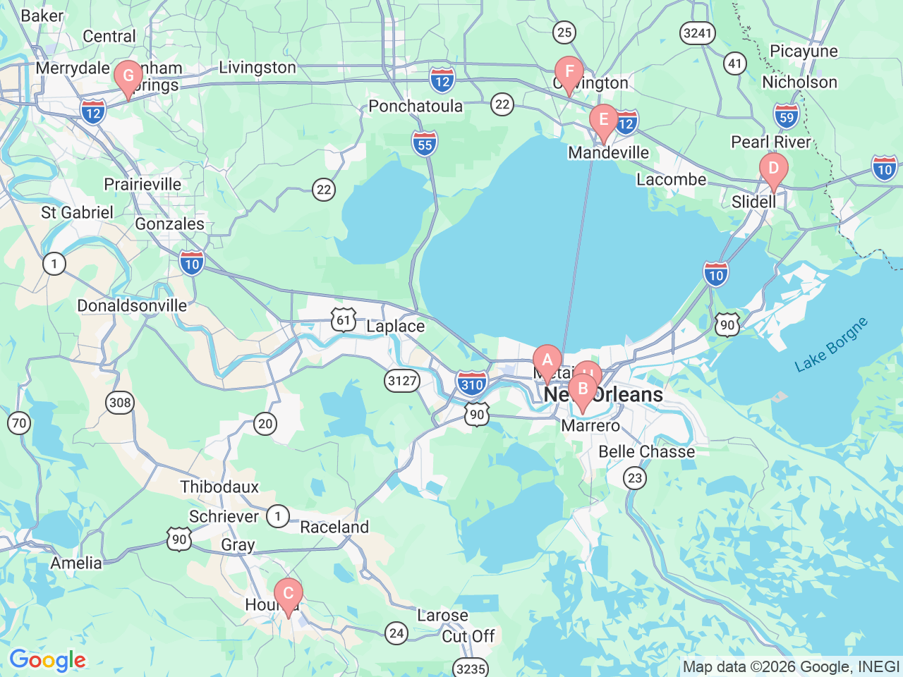 Map of Ochsner-affiliated facilities that provide services related to LGBTQ+ Healthcare