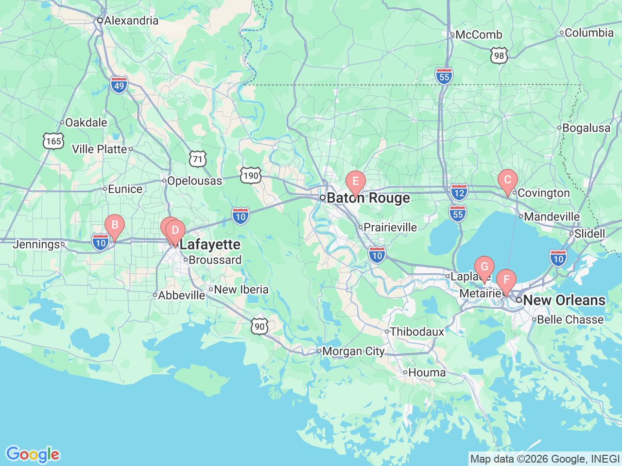 Map of Ochsner-affiliated facilities that provide services related to Liver Cancer
