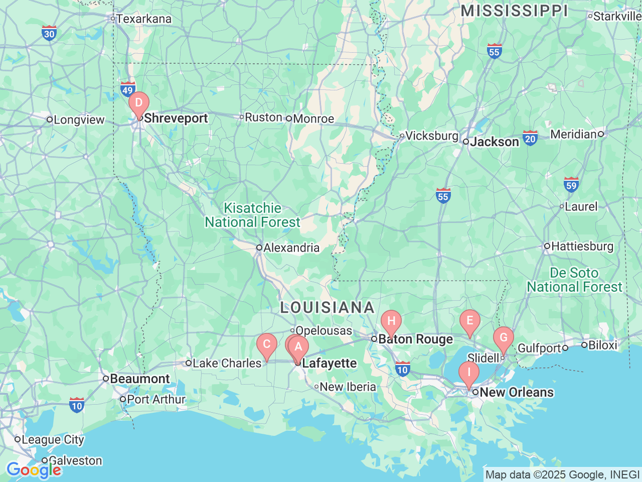 Map of Ochsner-affiliated facilities that provide services related to Lung Cancer