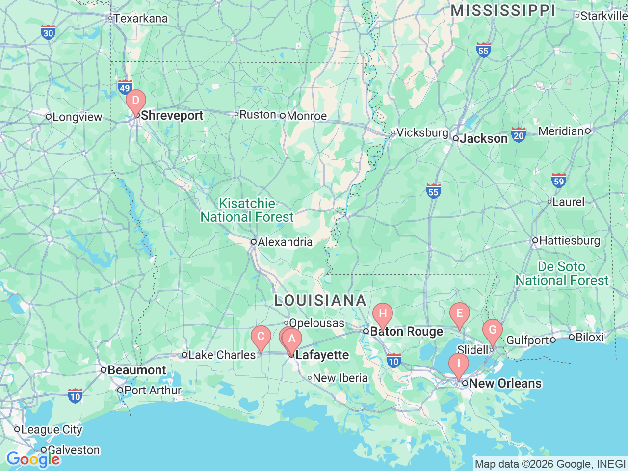 Map of Ochsner-affiliated facilities that provide services related to Lung Cancer