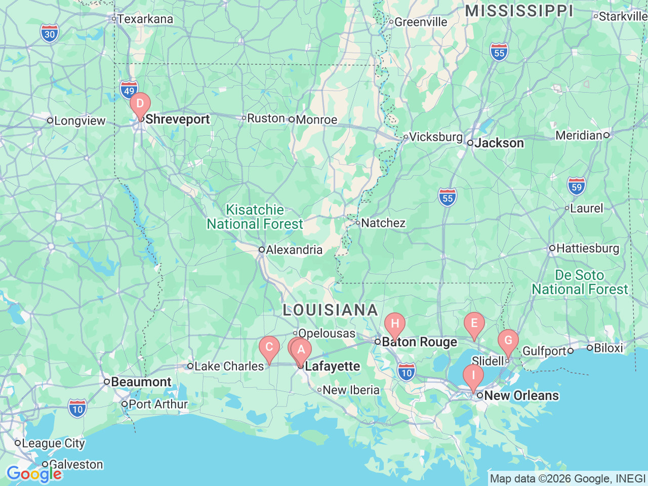 Map of Ochsner-affiliated facilities that provide services related to Lung Cancer