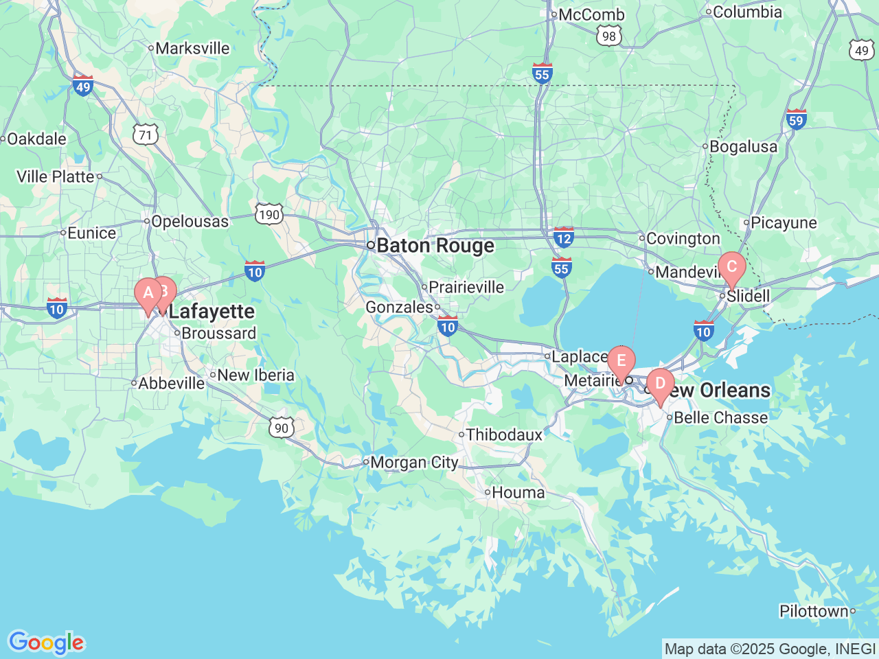 Map of Ochsner-affiliated facilities that provide services related to Mako Robotic-Arm: Knee and Hip Replacement