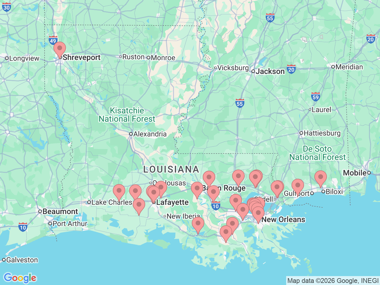 Map of Ochsner-affiliated facilities that provide services related to Mammogram