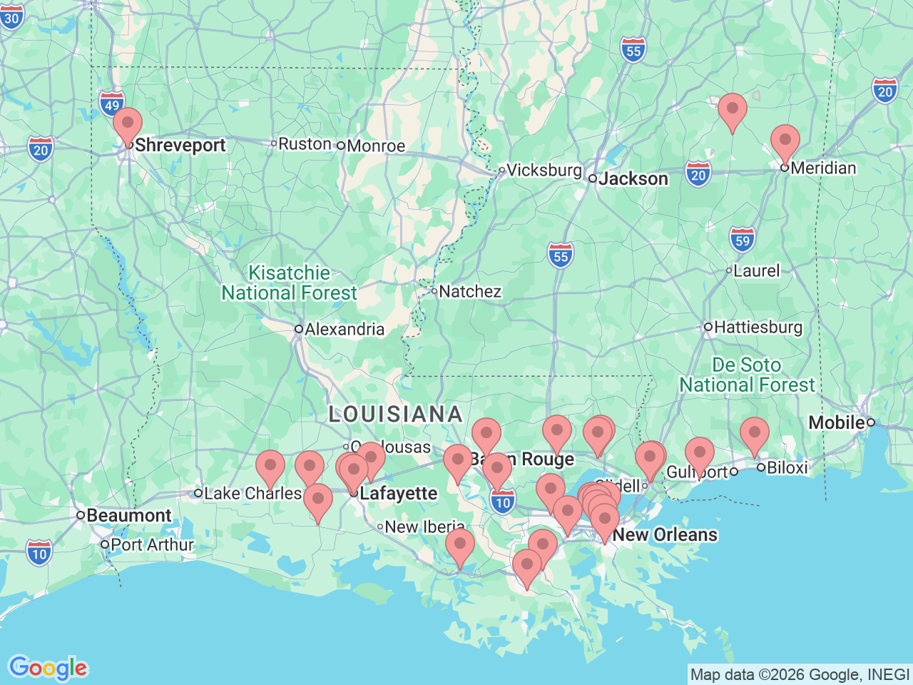 Map of Ochsner-affiliated facilities that provide services related to Mammogram
