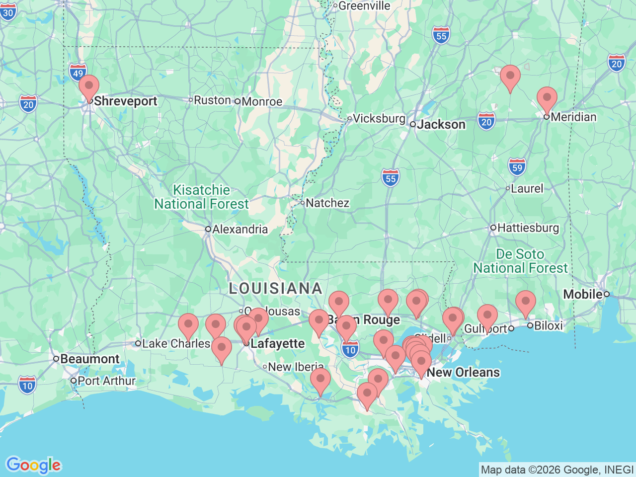Map of Ochsner-affiliated facilities that provide services related to Mammogram