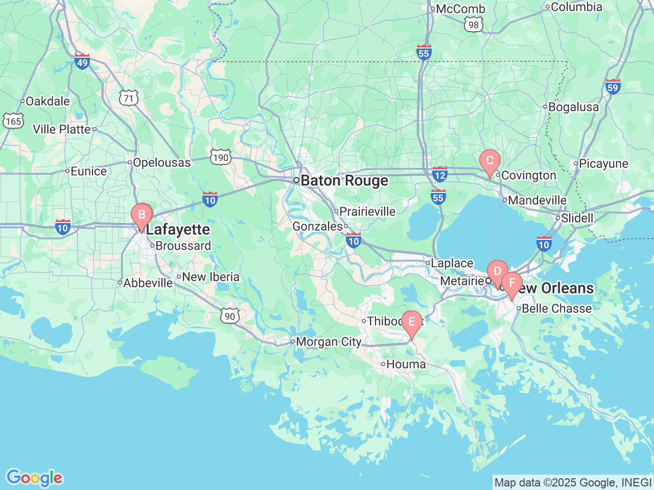Map of Ochsner-affiliated facilities that provide services related to Maternal Fetal Medicine