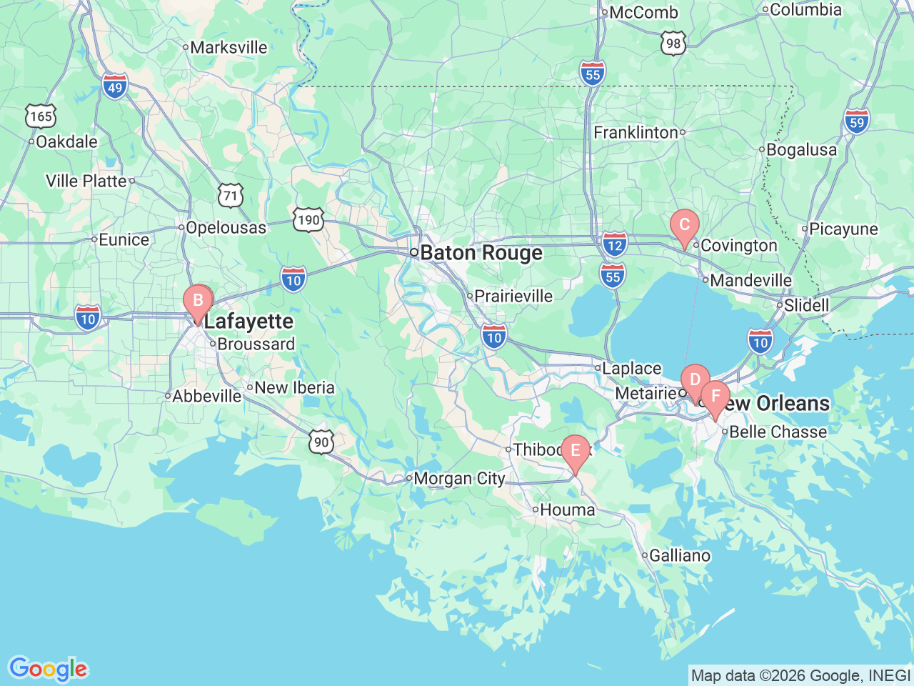 Map of Ochsner-affiliated facilities that provide services related to Maternal Fetal Medicine