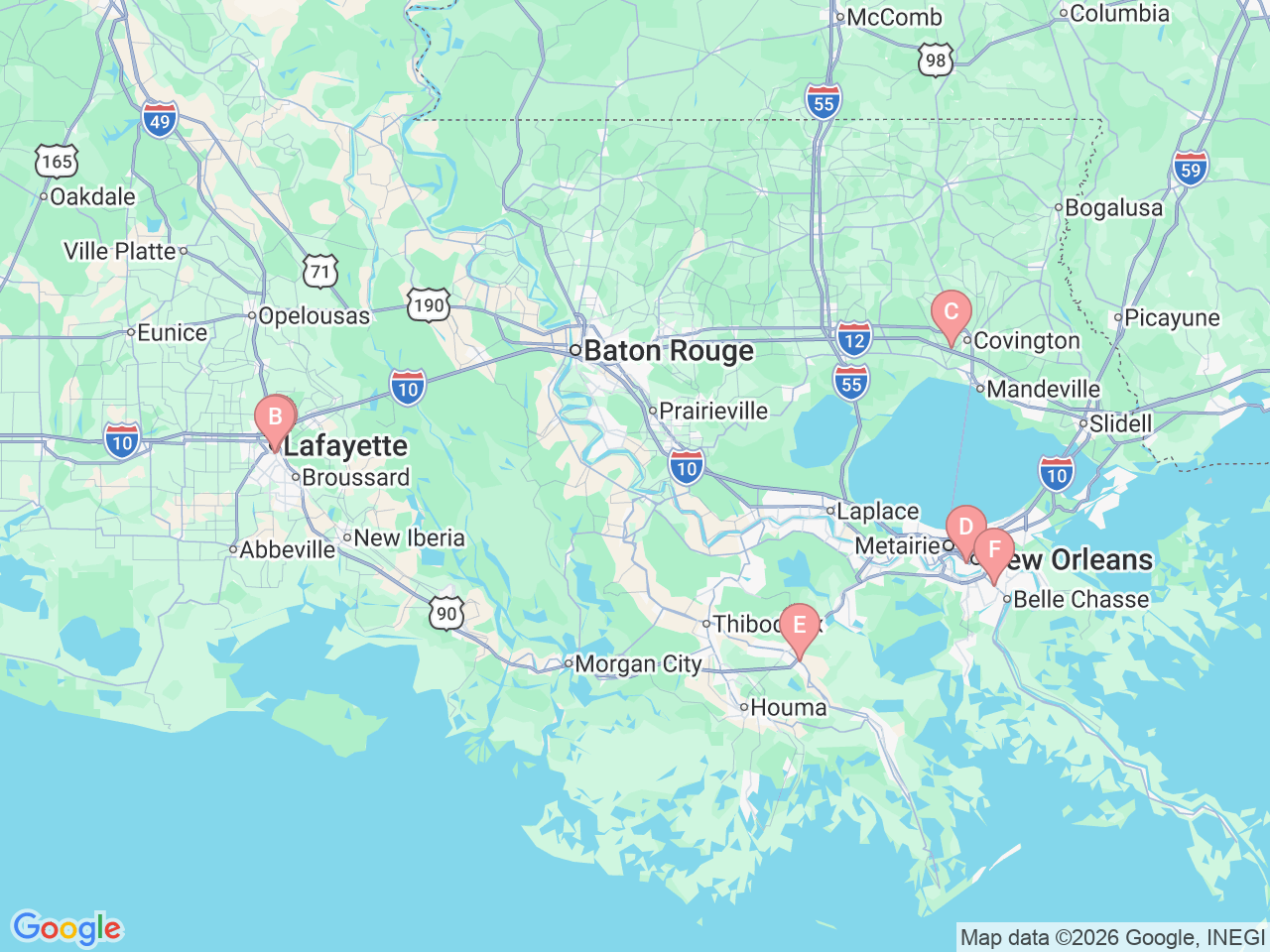 Map of Ochsner-affiliated facilities that provide services related to Maternal Fetal Medicine