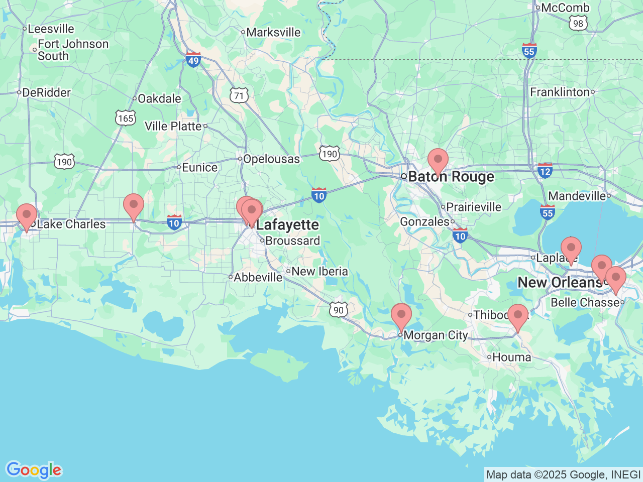 Map of Ochsner-affiliated facilities that provide services related to Maternity and Pregnancy