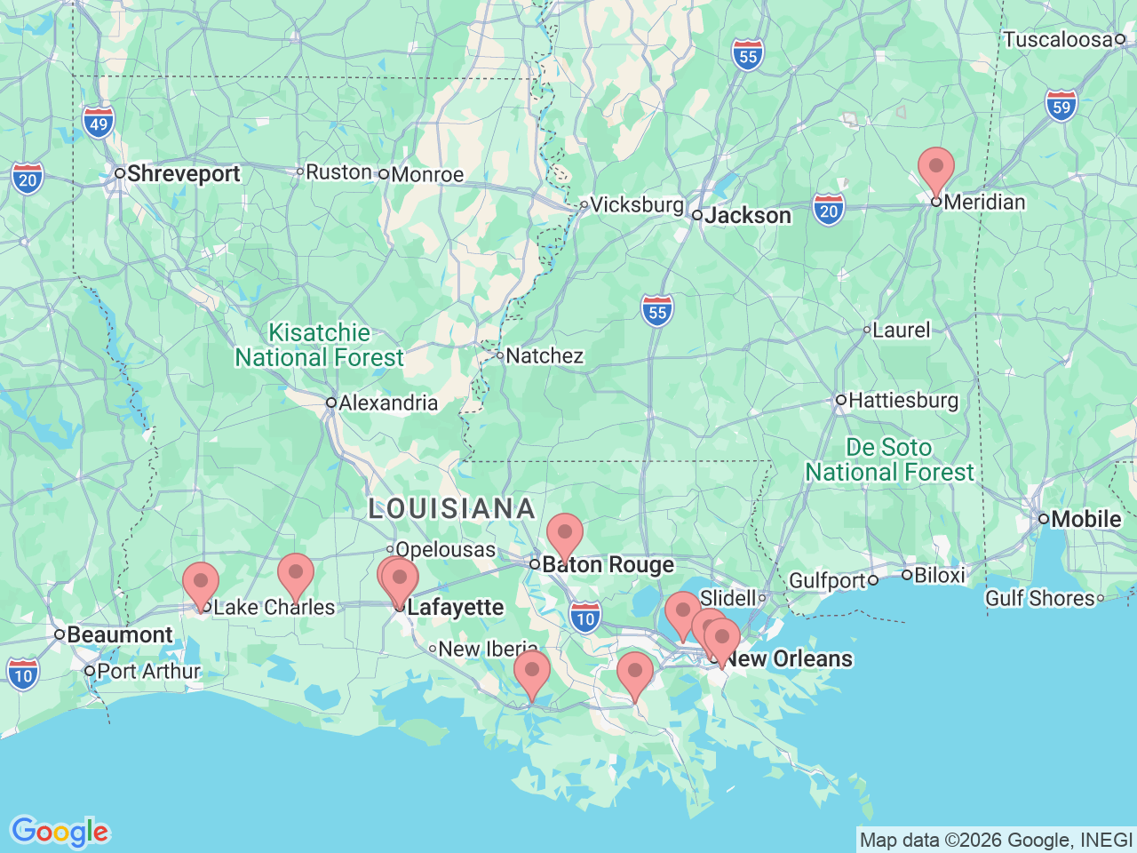 Map of Ochsner-affiliated facilities that provide services related to Maternity and Pregnancy