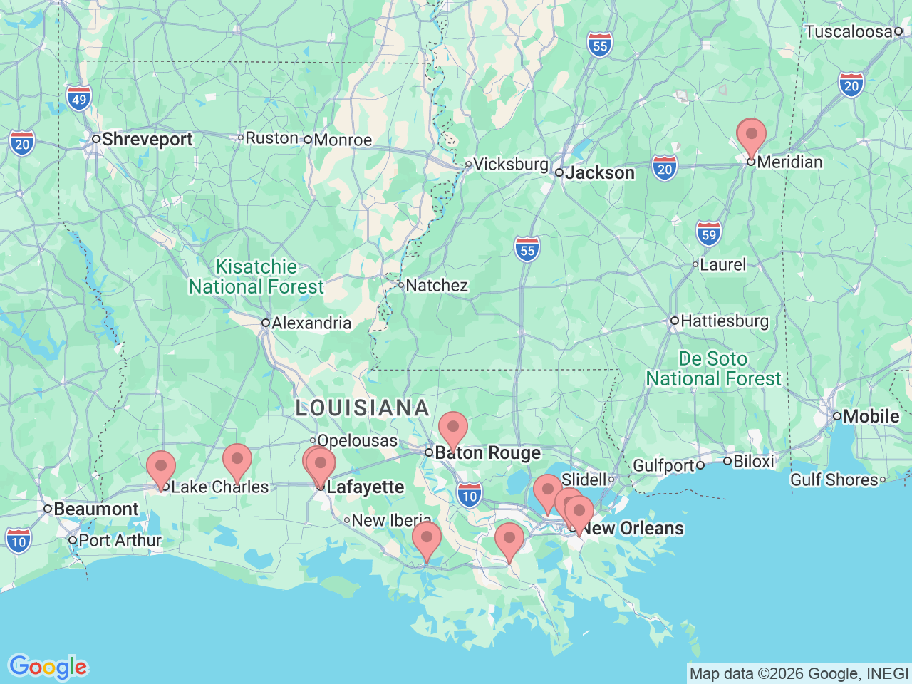Map of Ochsner-affiliated facilities that provide services related to Maternity and Pregnancy