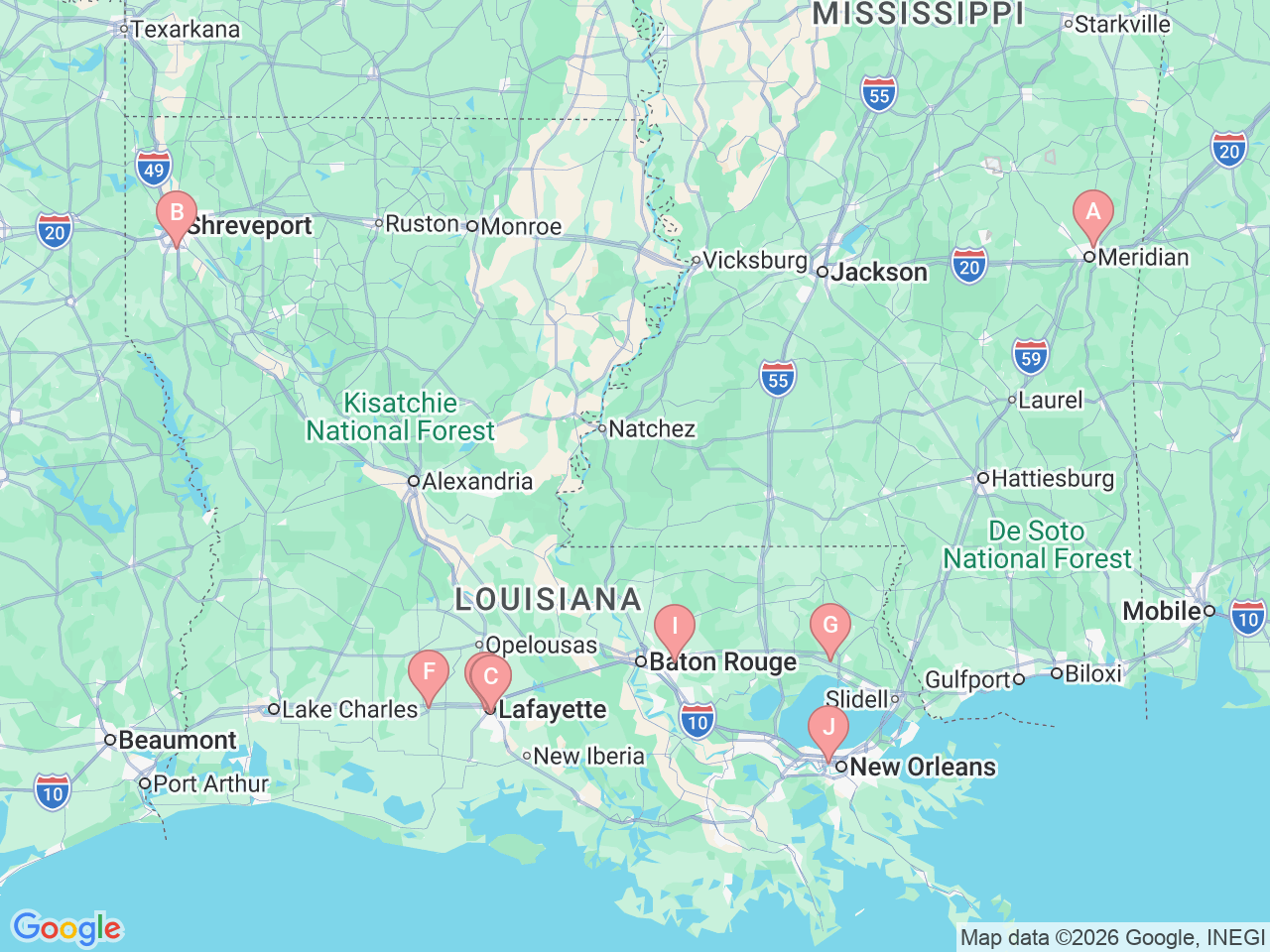 Map of Ochsner-affiliated facilities that provide services related to Melanoma and Skin Cancer