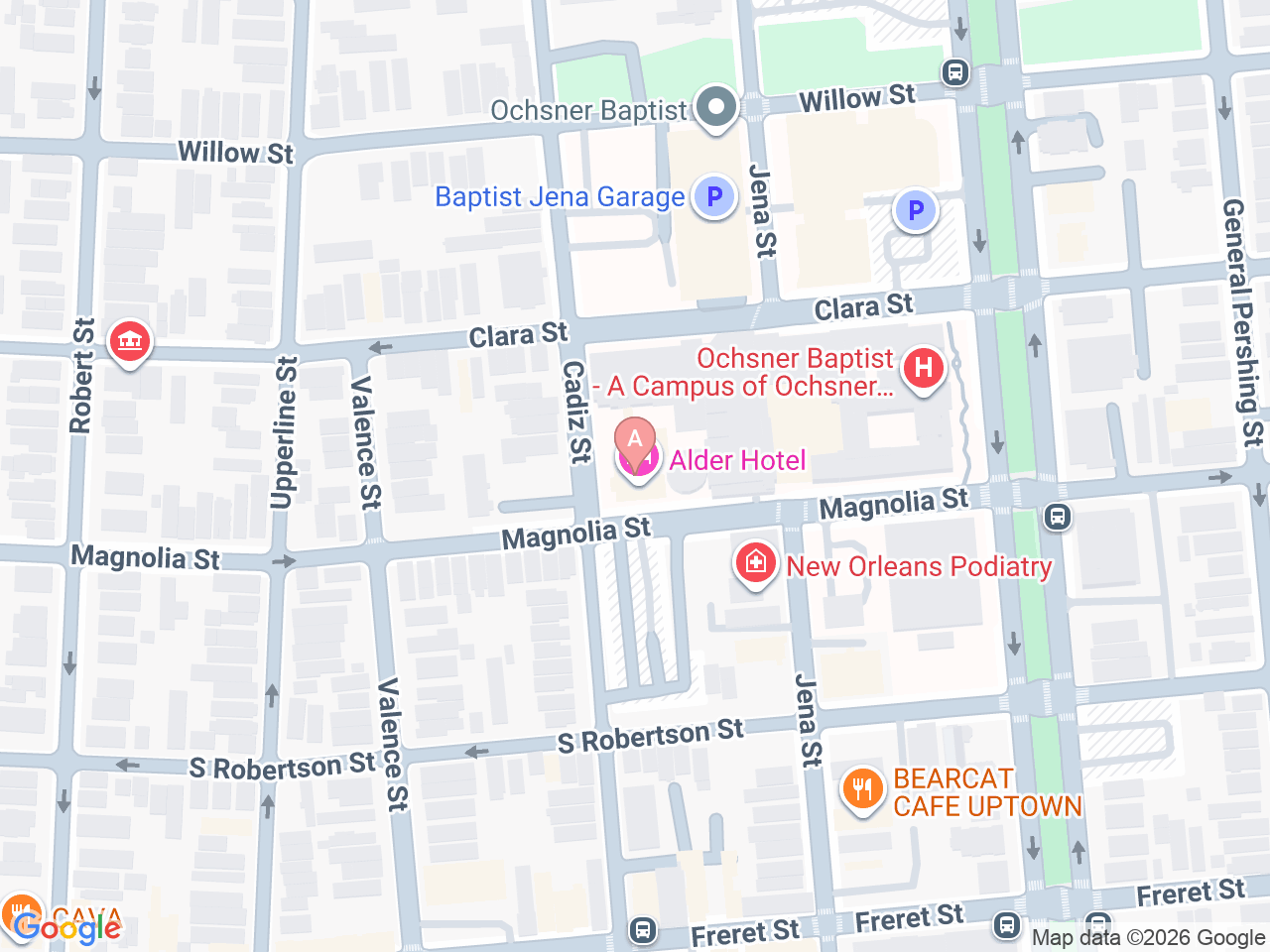 Map of Ochsner-affiliated facilities that provide services related to Midwives at Ochsner Baptist in New Orleans