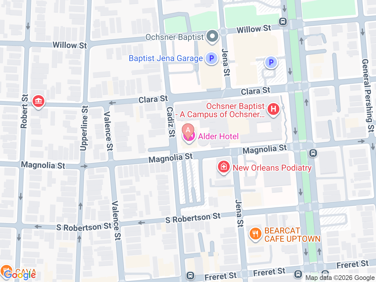 Map of Ochsner-affiliated facilities that provide services related to Midwives at Ochsner Baptist in New Orleans