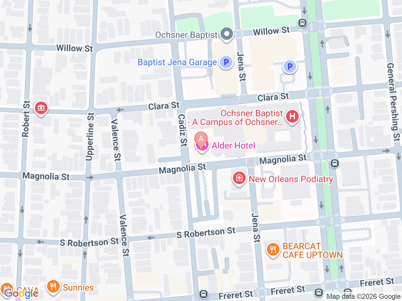 Map of Ochsner-affiliated facilities that provide services related to Midwives at Ochsner Baptist in New Orleans