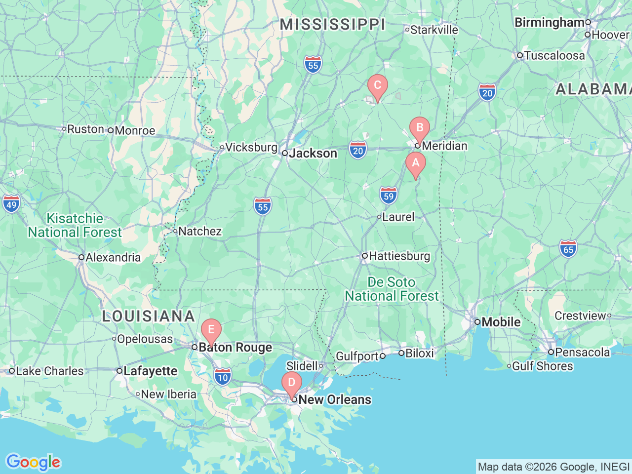Map of Ochsner-affiliated facilities that provide services related to Midwives at Ochsner