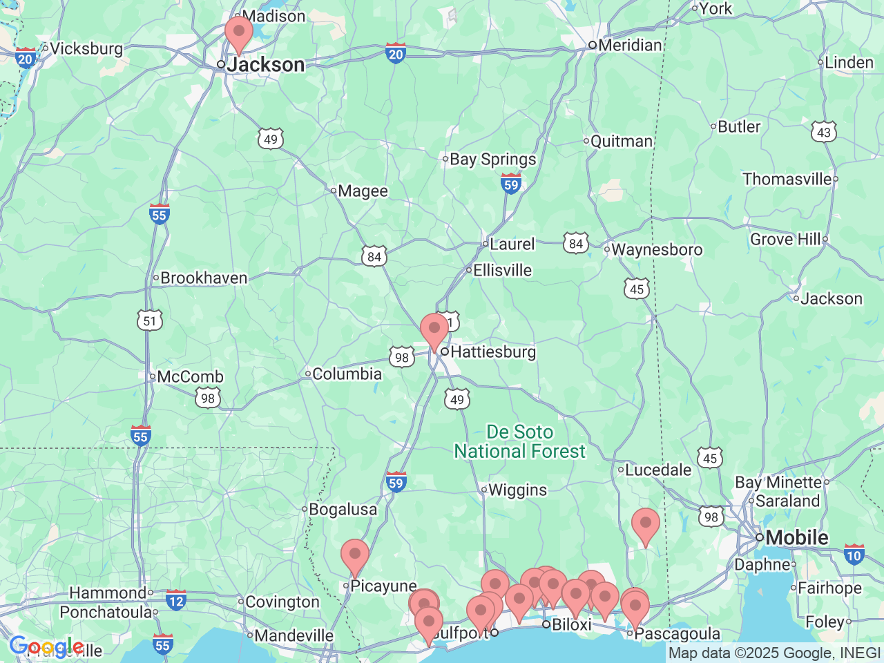 Map of Ochsner-affiliated facilities that provide services related to Coastal Mississippi