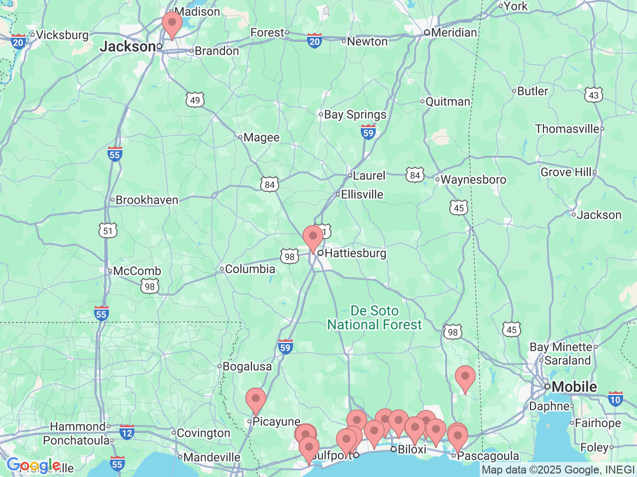 Map of Ochsner-affiliated facilities that provide services related to Coastal Mississippi