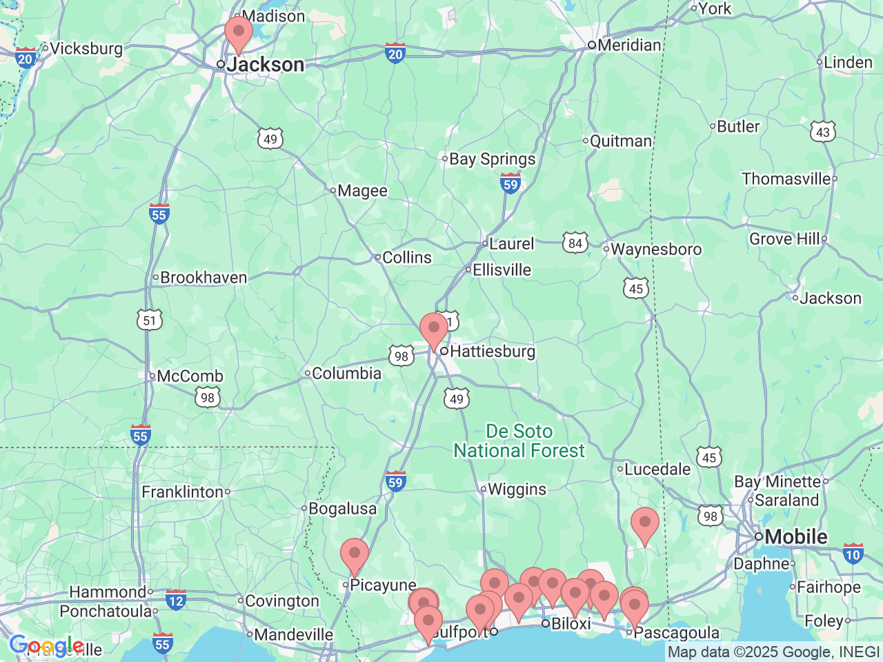 Map of Ochsner-affiliated facilities that provide services related to Coastal Mississippi
