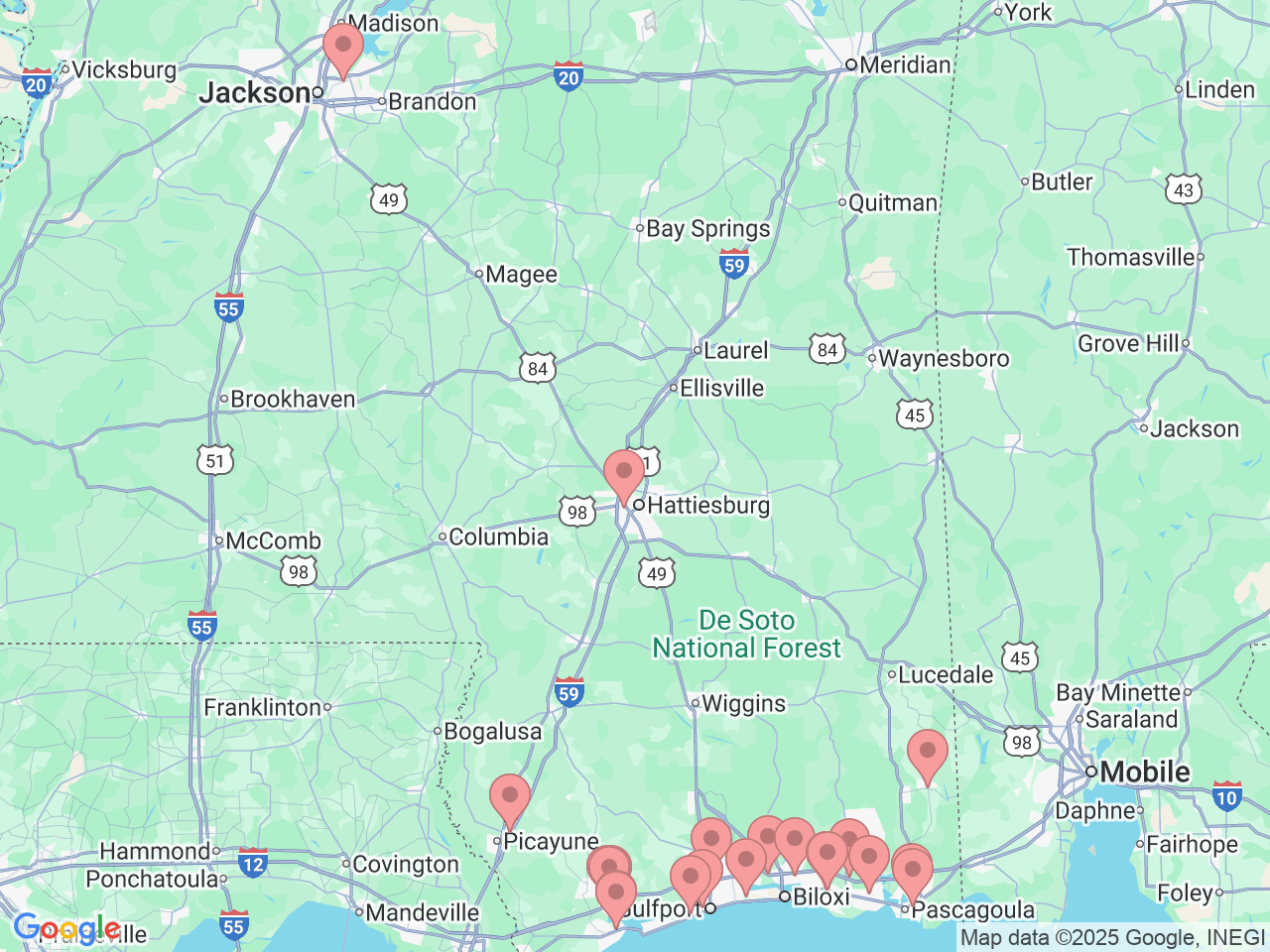 Map of Ochsner-affiliated facilities that provide services related to Coastal Mississippi