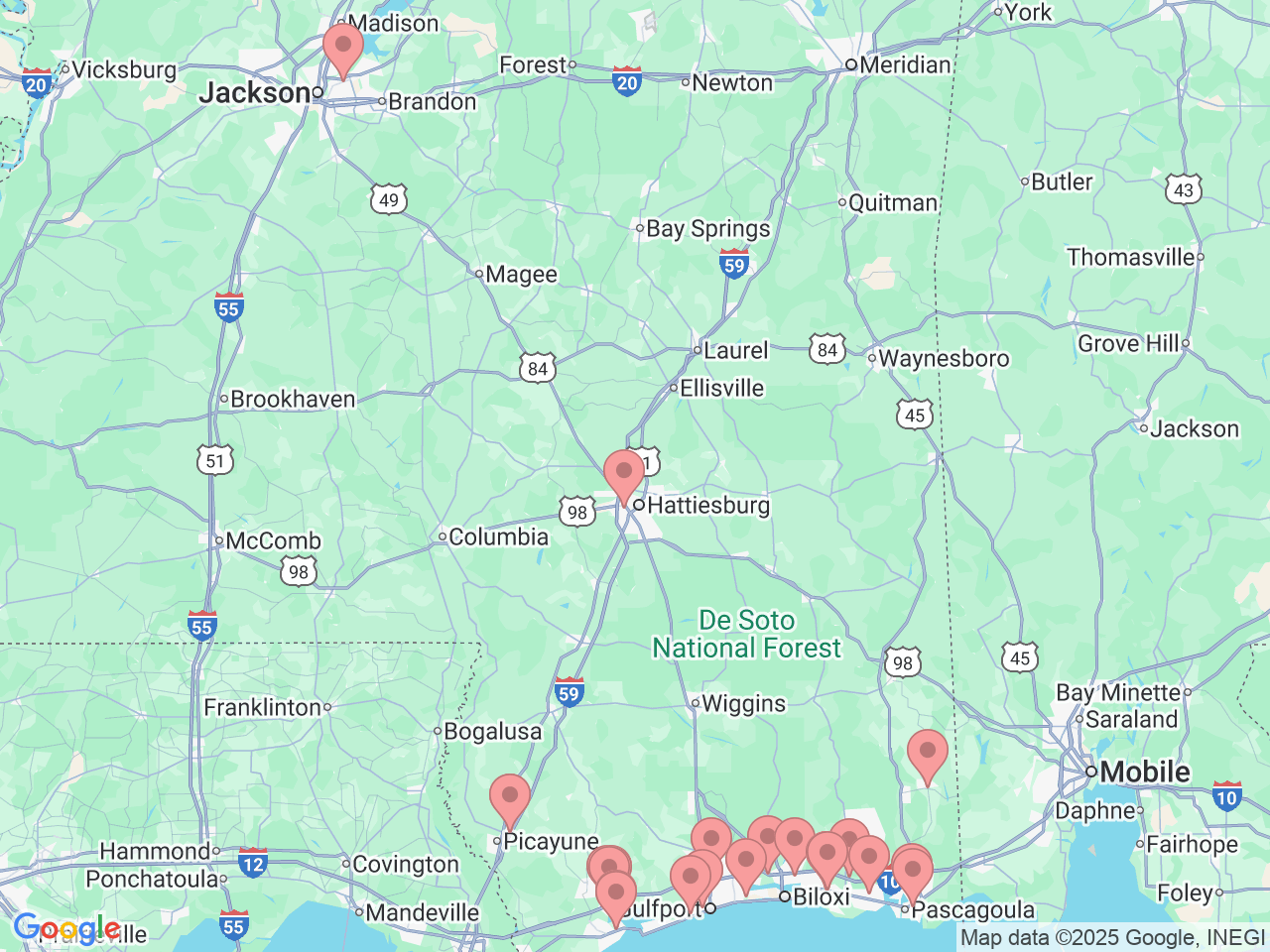 Map of Ochsner-affiliated facilities that provide services related to Coastal Mississippi