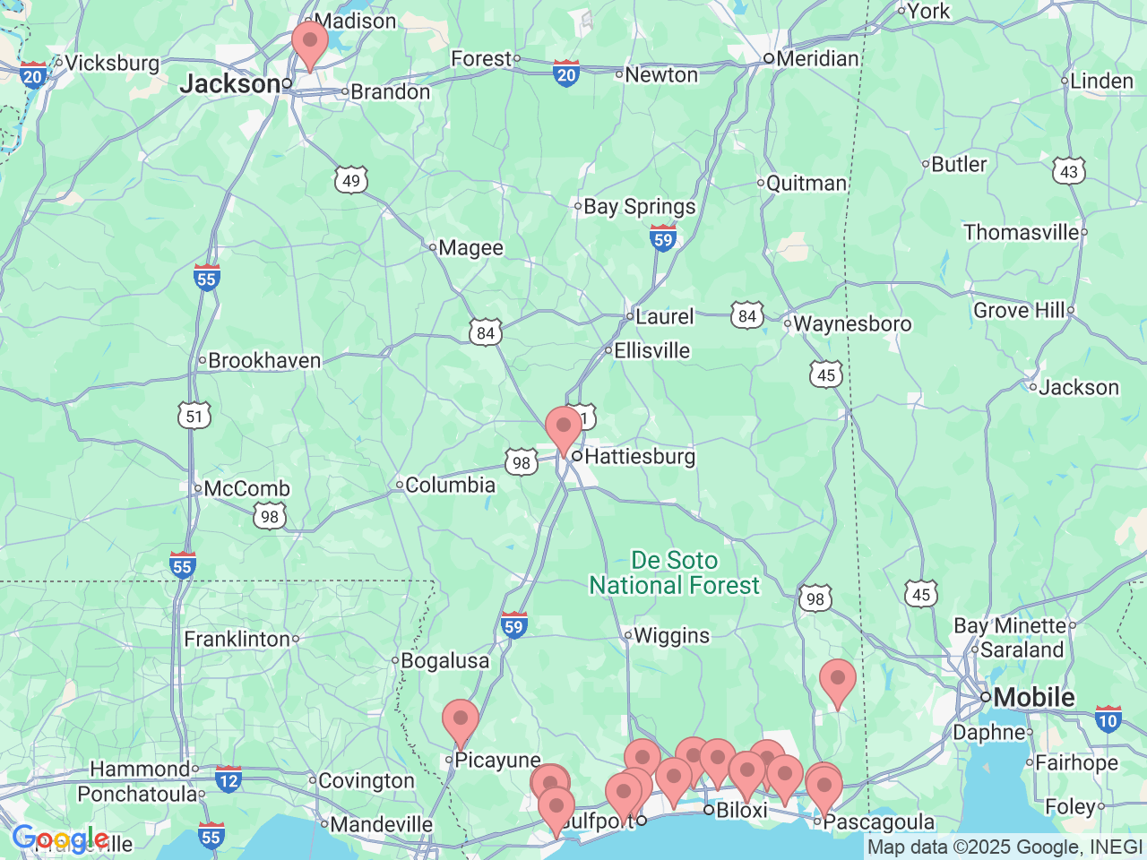 Map of Ochsner-affiliated facilities that provide services related to Coastal Mississippi