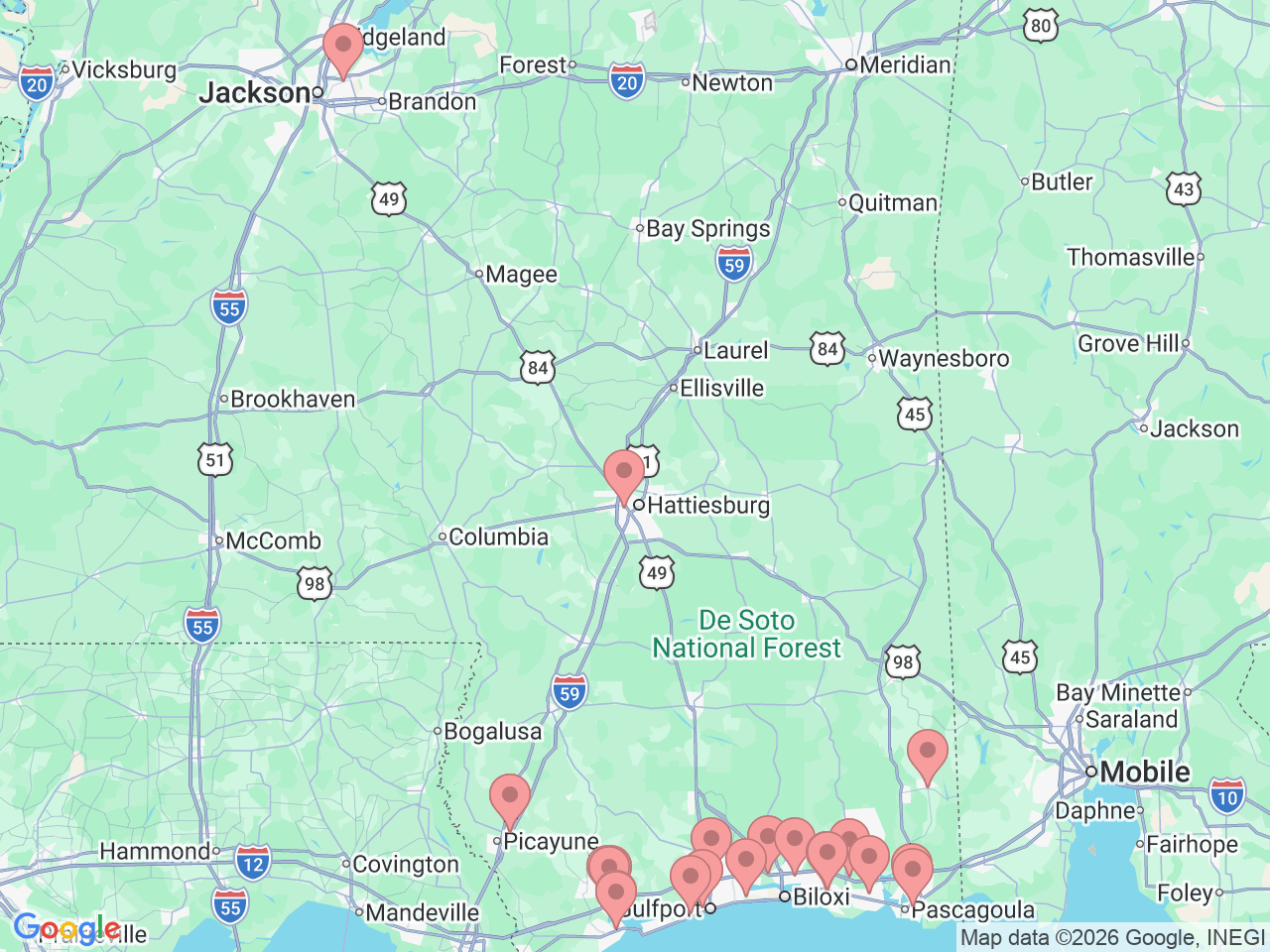 Map of Ochsner-affiliated facilities that provide services related to Coastal Mississippi