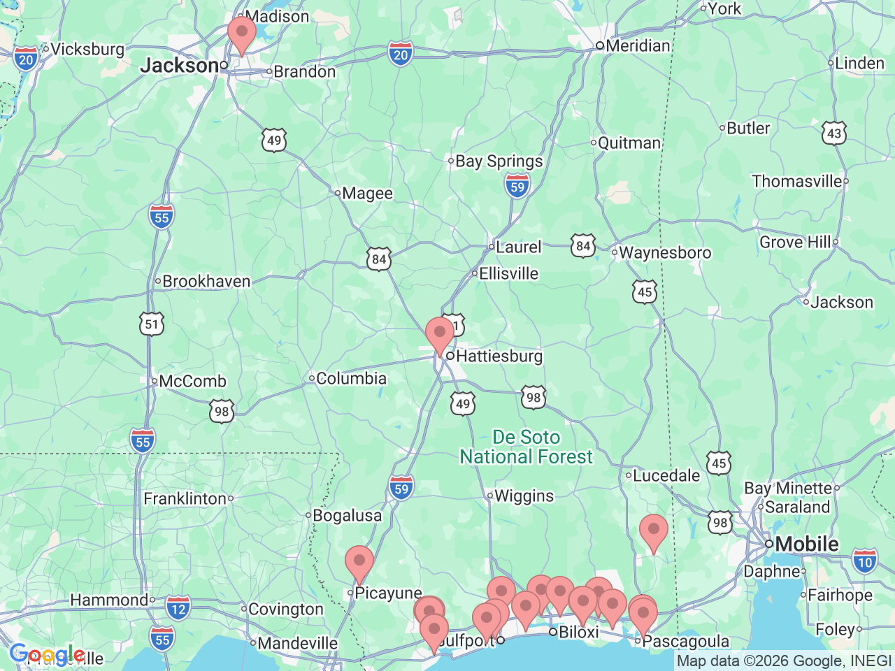 Map of Ochsner-affiliated facilities that provide services related to Coastal Mississippi