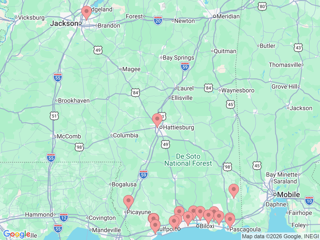 Map of Ochsner-affiliated facilities that provide services related to Coastal Mississippi