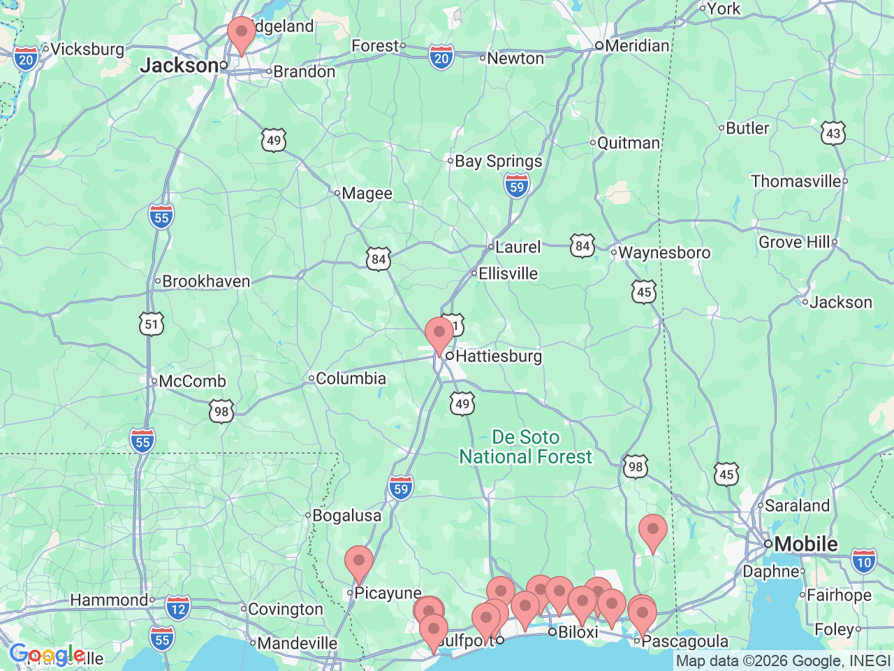 Map of Ochsner-affiliated facilities that provide services related to Coastal Mississippi