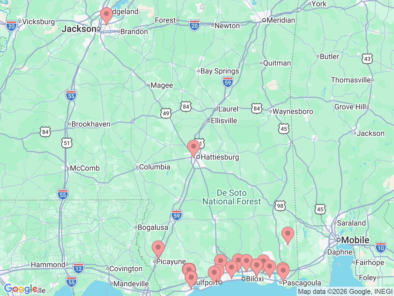 Map of Ochsner-affiliated facilities that provide services related to Coastal Mississippi