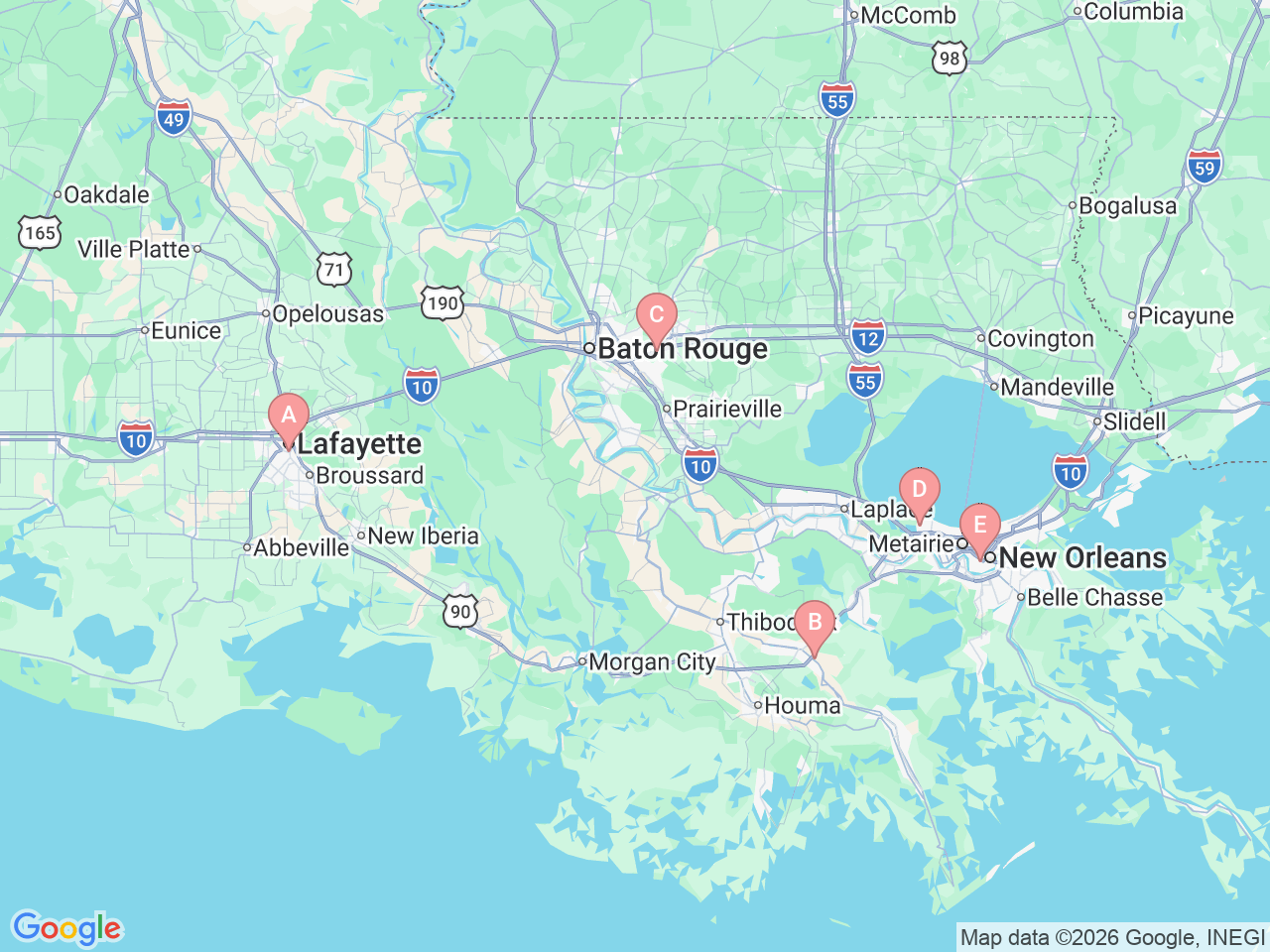 Map of Ochsner-affiliated facilities that provide services related to Mothers’ Milk Bank of Louisiana at Ochsner