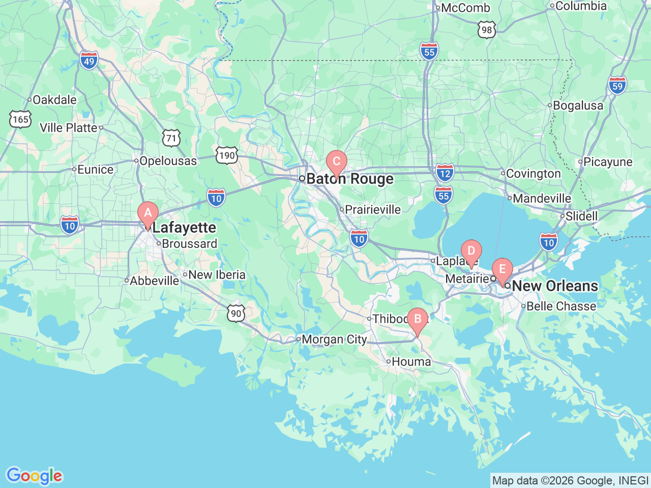 Map of Ochsner-affiliated facilities that provide services related to Mothers’ Milk Bank of Louisiana at Ochsner