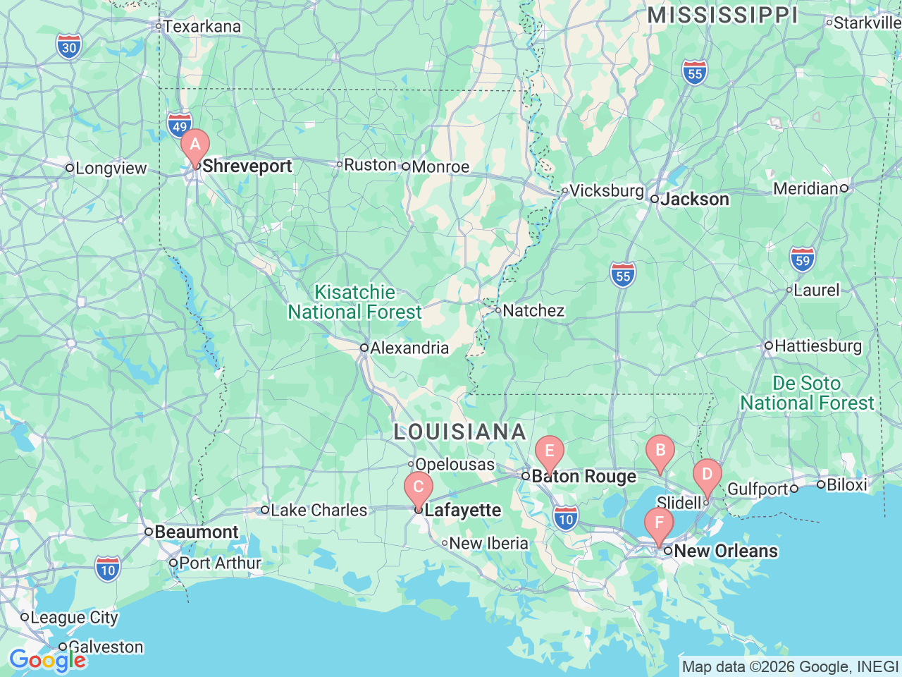 Map of Ochsner-affiliated facilities that provide services related to Multiple Myeloma