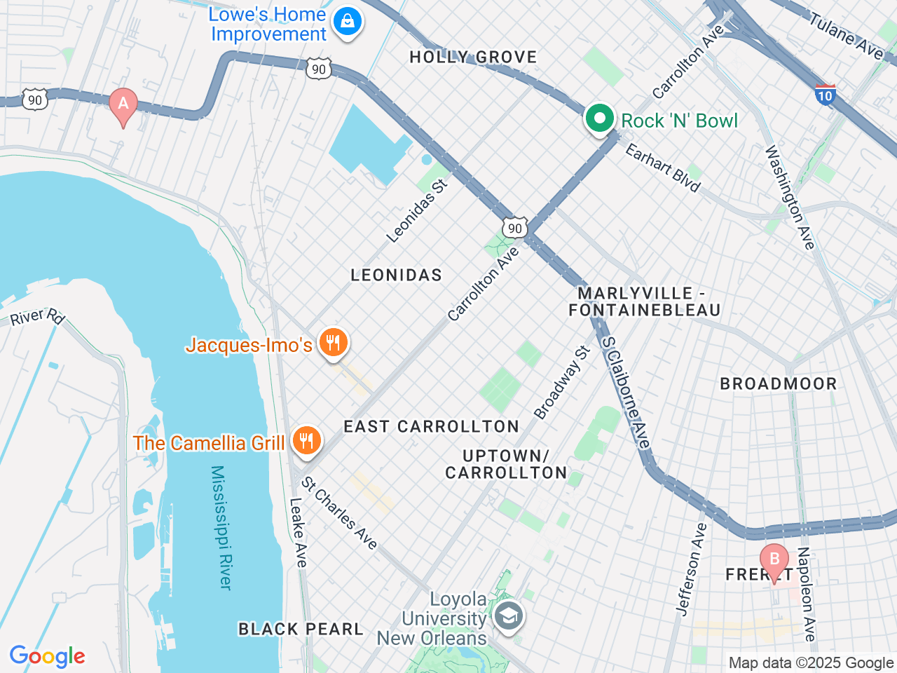 Map of Ochsner-affiliated facilities that provide services related to The Desi Roth Harrison Center for Multiple Sclerosis (MS)