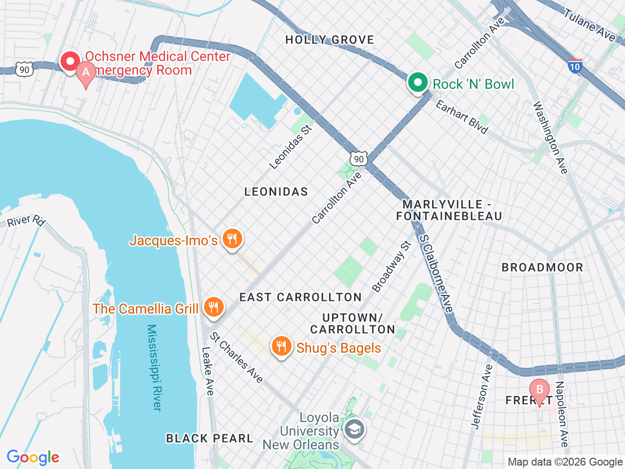 Map of Ochsner-affiliated facilities that provide services related to The Desi Roth Harrison Center for Multiple Sclerosis (MS)
