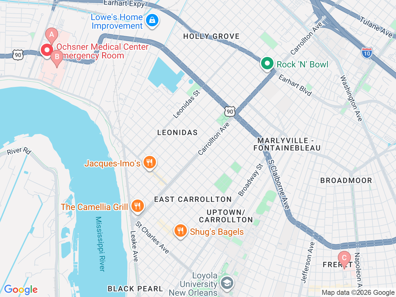 Map of Ochsner-affiliated facilities that provide services related to Multiple Sclerosis (MS)