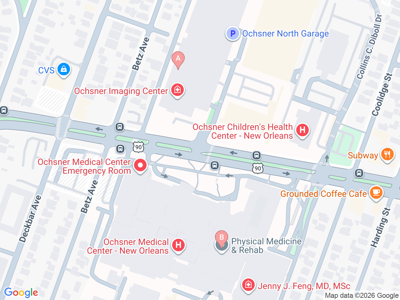 Map of Ochsner-affiliated facilities that provide services related to Music Therapy Program