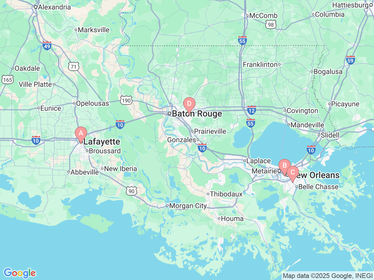 Map of Ochsner-affiliated facilities that provide services related to Neonatal Intensive Care Unit (NICU)