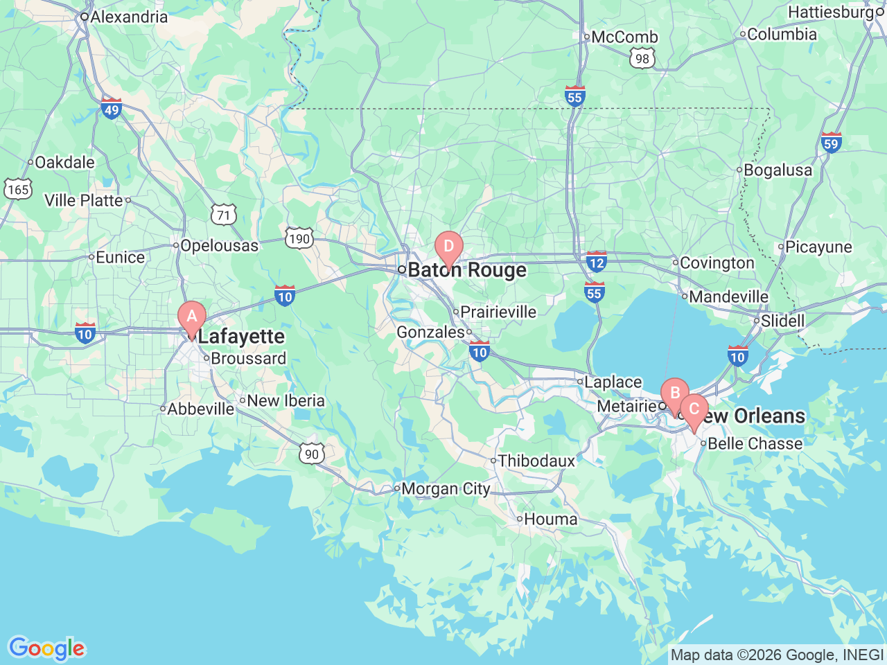 Map of Ochsner-affiliated facilities that provide services related to Neonatal Intensive Care Unit (NICU)
