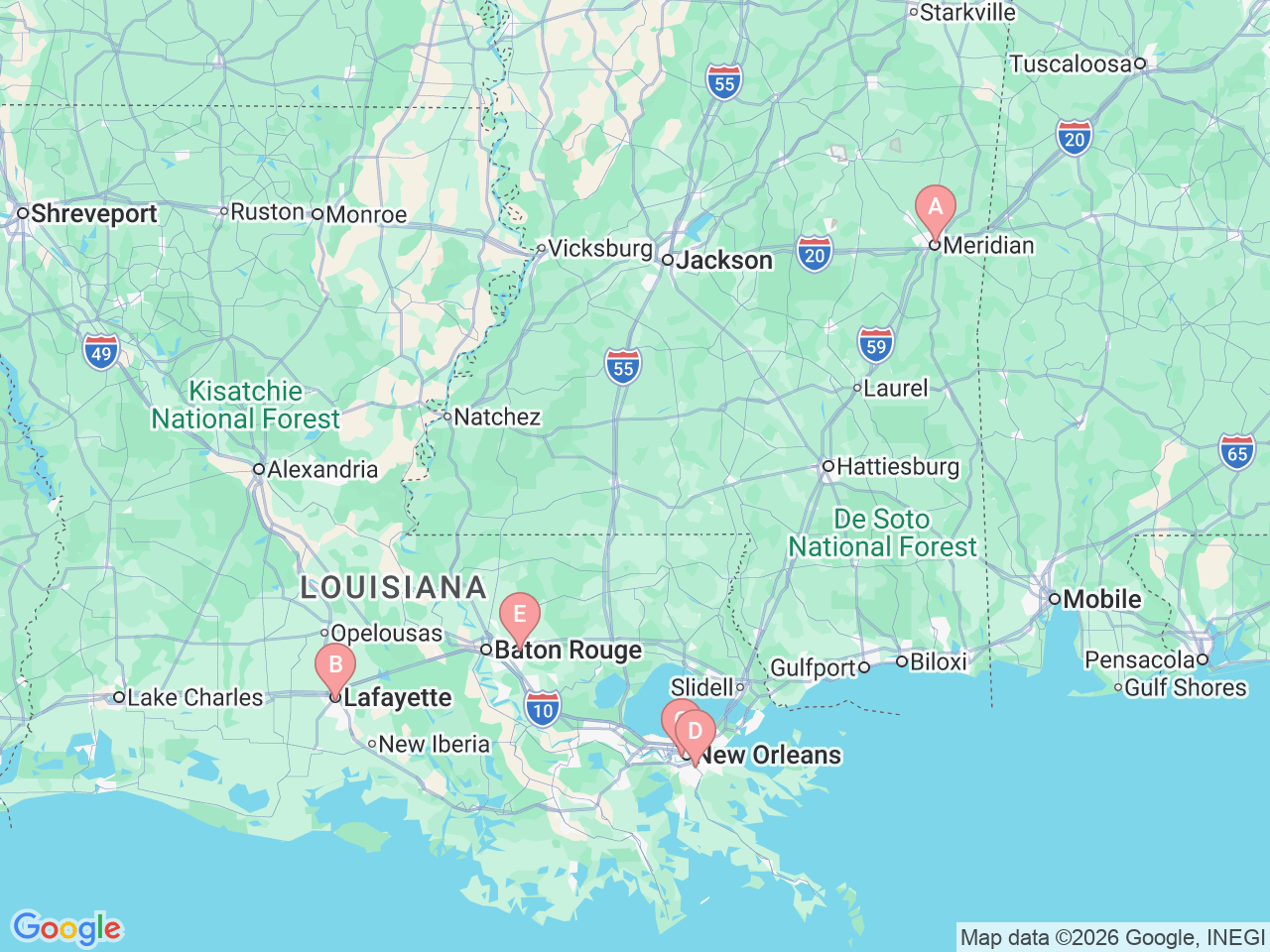 Map of Ochsner-affiliated facilities that provide services related to Neonatal Intensive Care Unit (NICU)