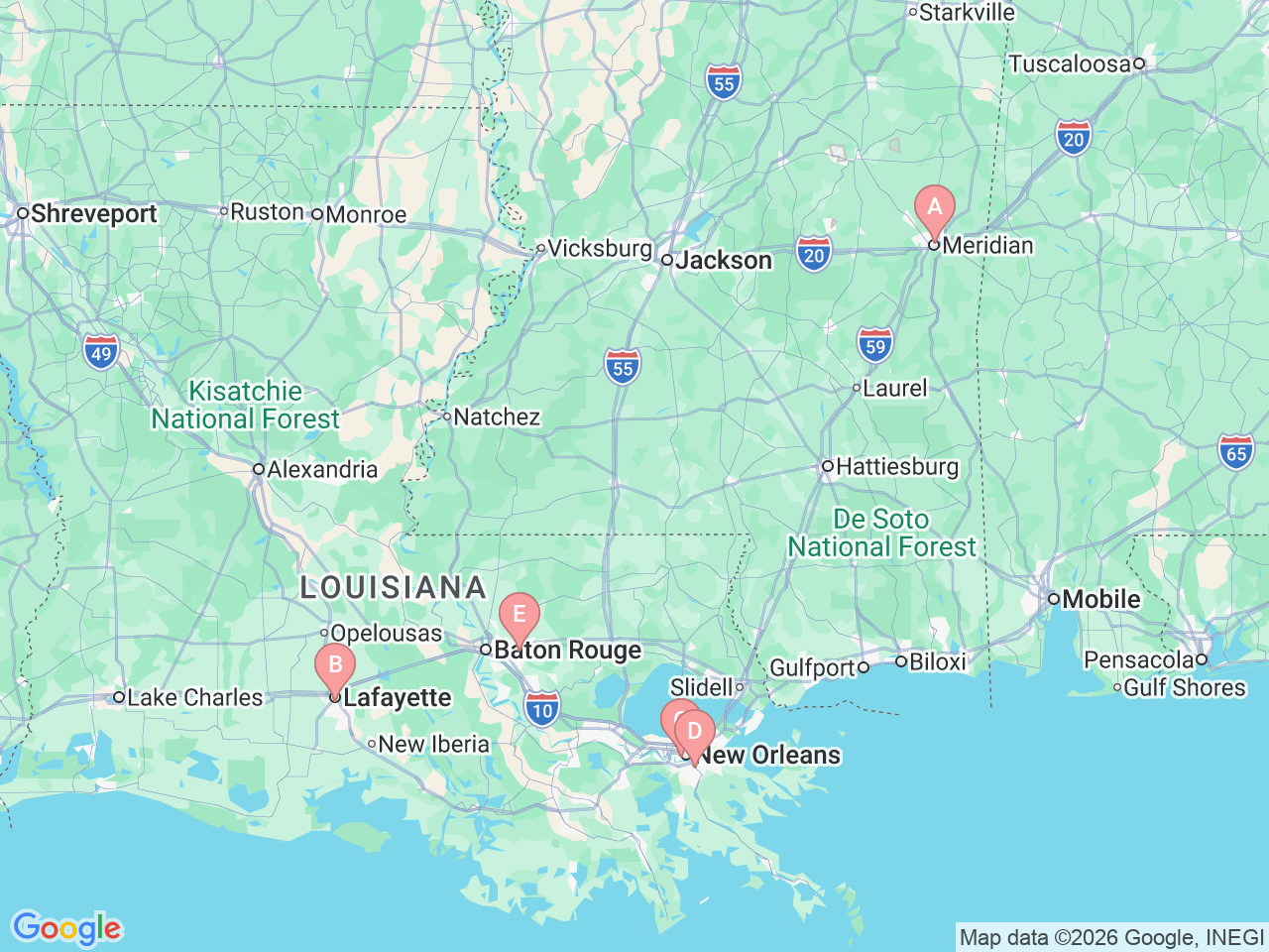 Map of Ochsner-affiliated facilities that provide services related to Neonatal Intensive Care Unit (NICU)