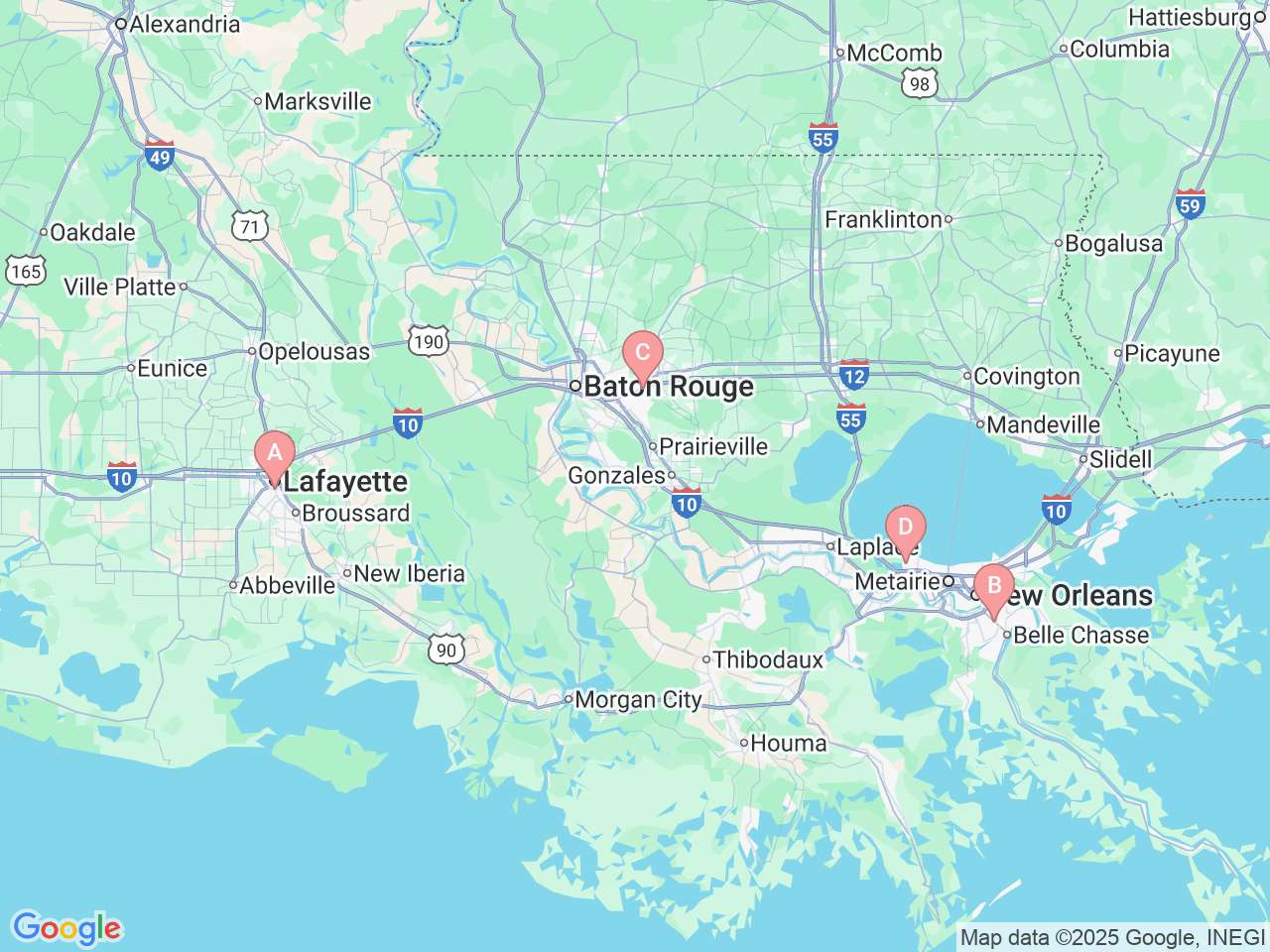 Map of Ochsner-affiliated facilities that provide services related to Neonatology