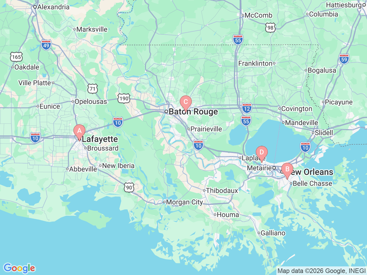 Map of Ochsner-affiliated facilities that provide services related to Neonatology