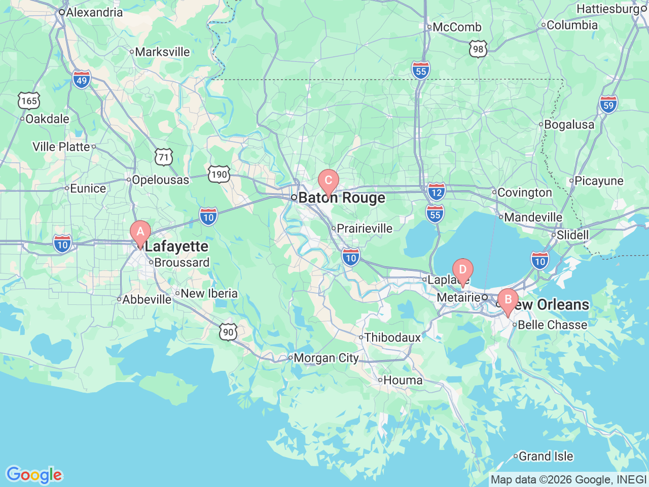 Map of Ochsner-affiliated facilities that provide services related to Neonatology