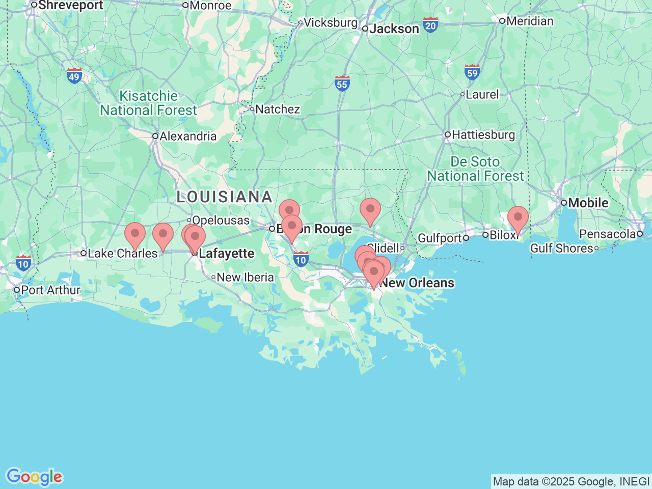 Map of Ochsner-affiliated facilities that provide services related to Nephrology
