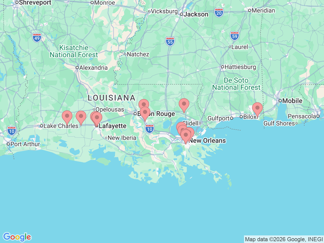 Map of Ochsner-affiliated facilities that provide services related to Nephrology