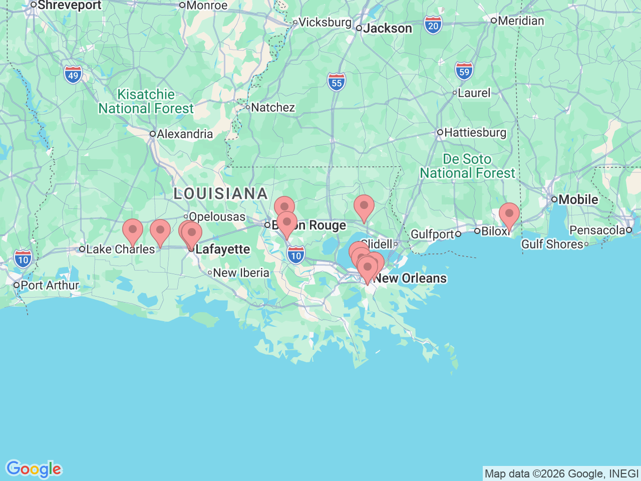 Map of Ochsner-affiliated facilities that provide services related to Nephrology (Kidney Care)