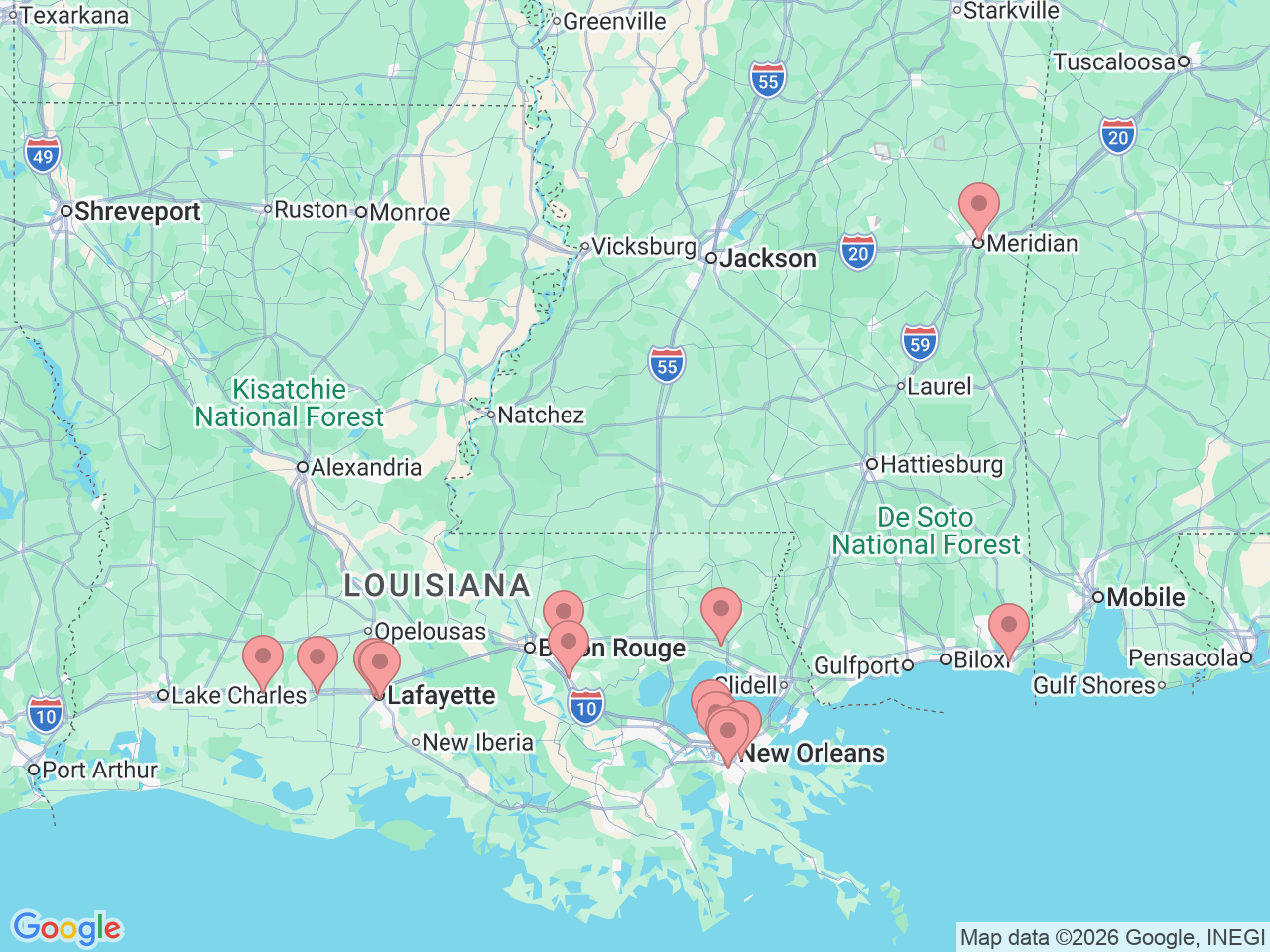 Map of Ochsner-affiliated facilities that provide services related to Nephrology (Kidney Care)
