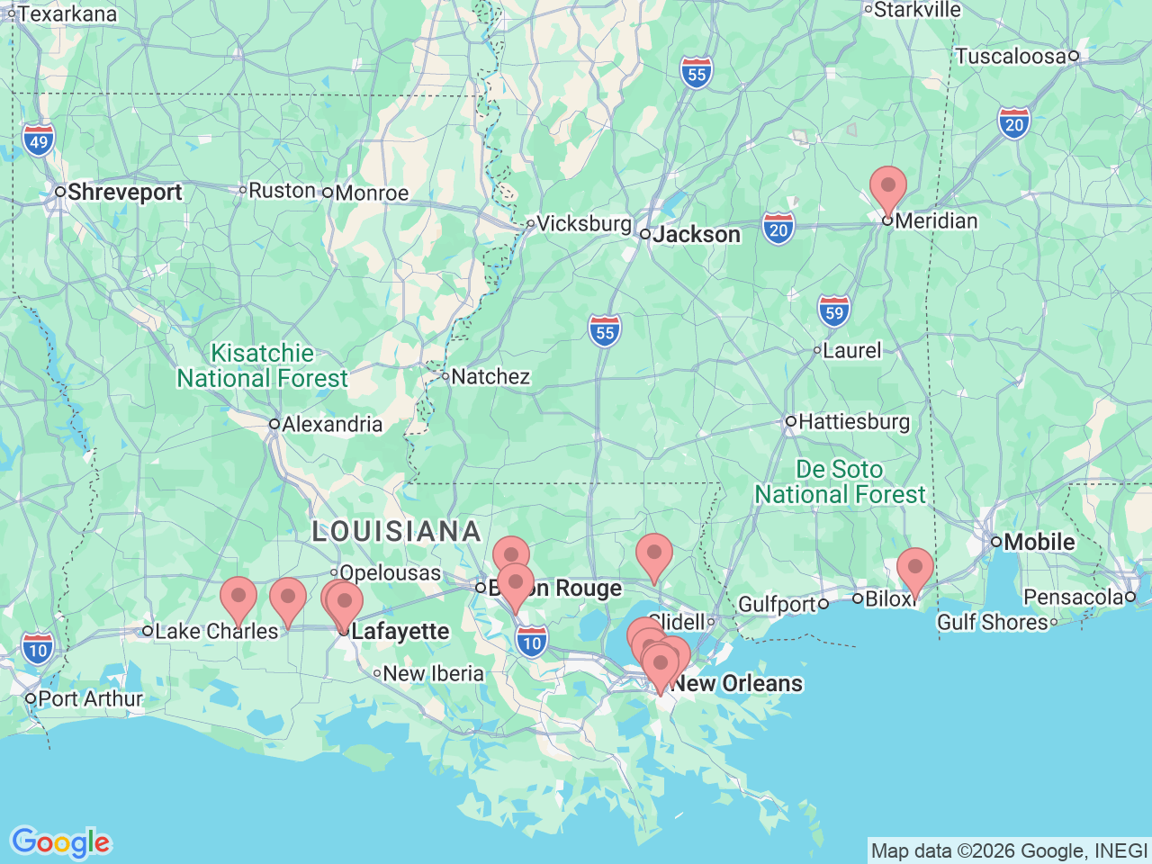 Map of Ochsner-affiliated facilities that provide services related to Nephrology (Kidney Care)
